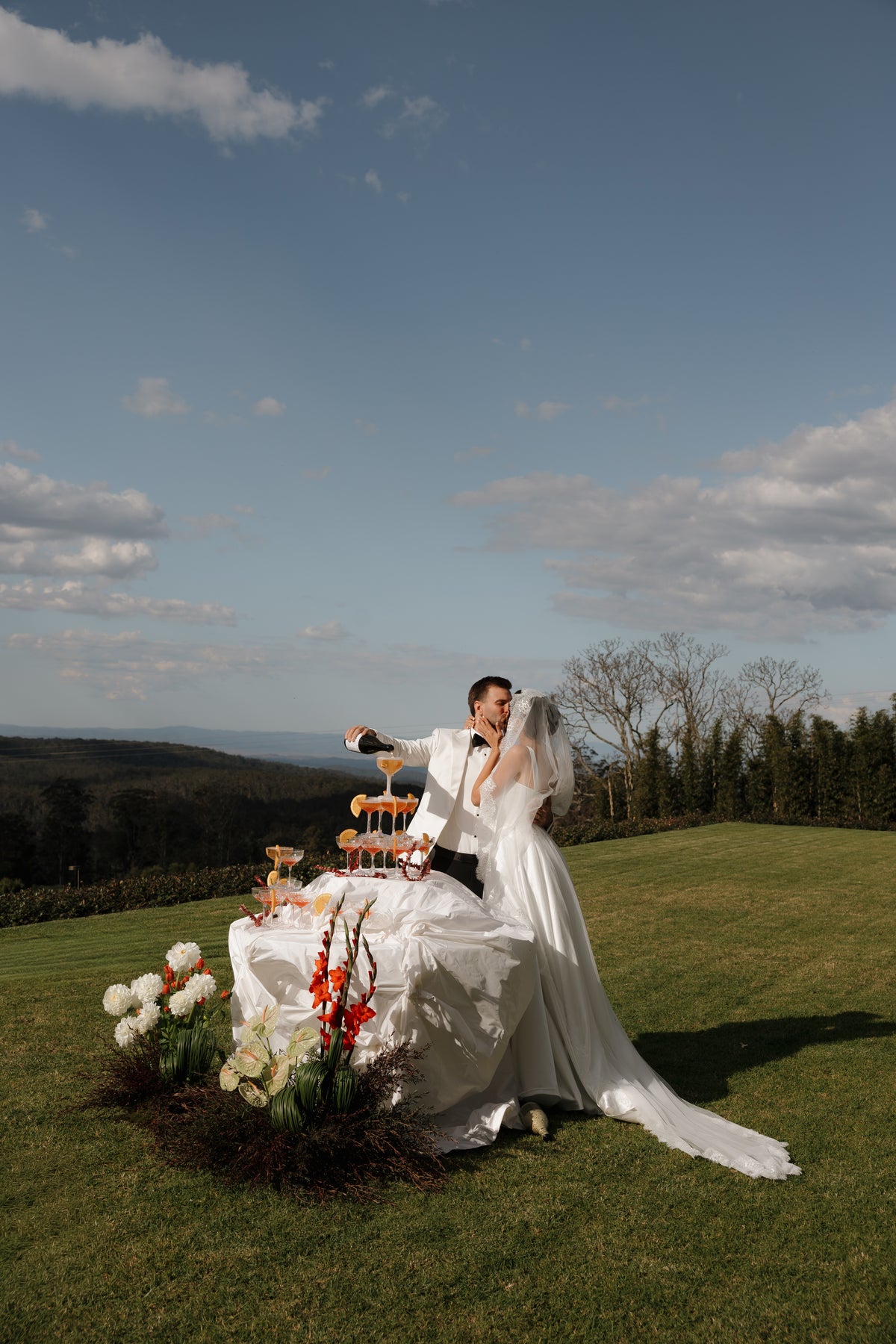 A bride in a long white wedding gown and veil and a groom in a white tuxedo stand outdoors on a grassy hill under a blue sky, with a tiered cake stand and floral arrangement in front of them.
